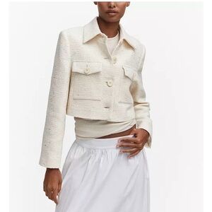 MNG Mango tweed  cropped jacket fringed seams cream sz M new NWT